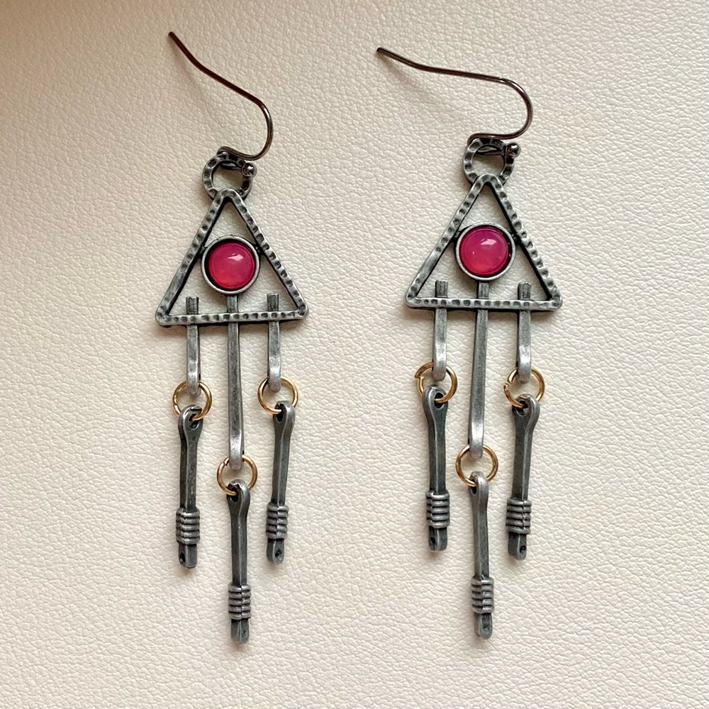 Silver and Pink Geometric Dangle Earrings